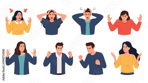 Collection of diverse people expressing intense emotions of anger, frustration, and fury with various hand gestures and faces.