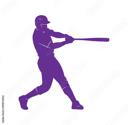 Baseball player swinging bat in motion purple silhouette illustration