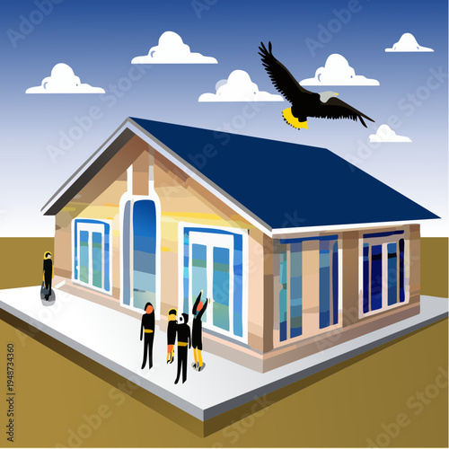 People admiring a modern house with a blue roof and a flying eagle.