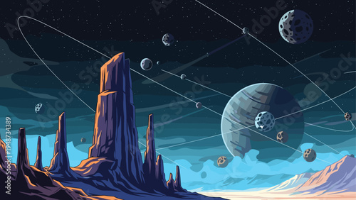 Pixel art space landscape features a rocky alien planet surface with multiple moons orbiting in a dark starry galaxy night.