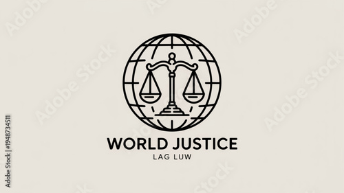World justice law logo with scales and globe icon on beige background