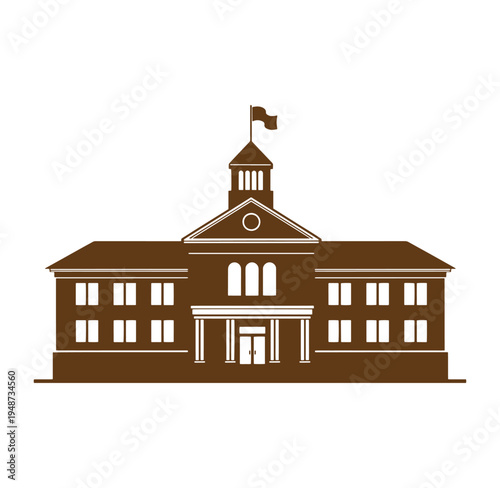 Brown school building with flag on top and columns  educational architecture