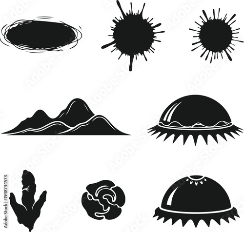 Collection of abstract shapes and elements including splatters, mountains, jellyfish, footprint, rose, and hang glider silhouette