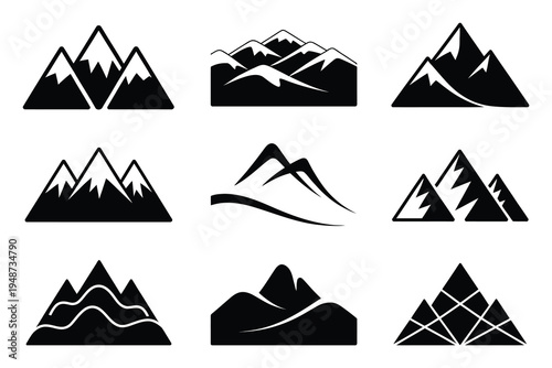 Collection of stylized mountain range in black and white