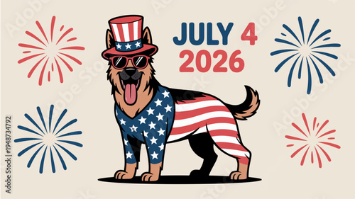 Patriotic dog in american flag outfit celebrating july 4th with fireworks on beige background