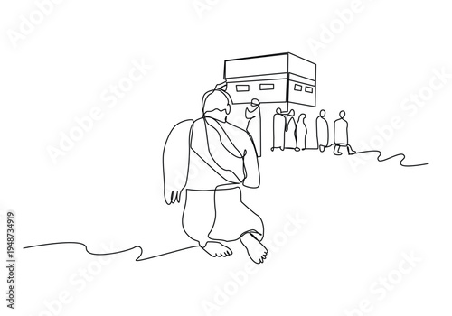 Continuous one line art of muslim and muslimah pilgrim walk to holy place Kaabah at Mecca, Saudi Arabia. Muslim holiday
