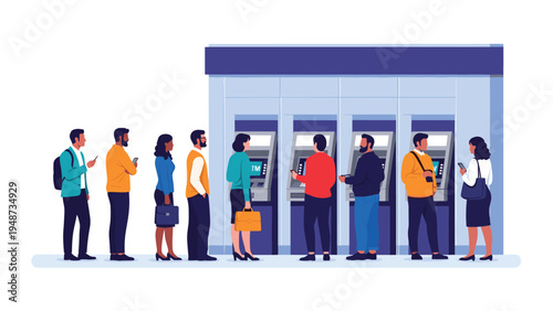 Diverse group of people waits in a long queue to use automated teller machines for banking and cash withdrawals at a bank.