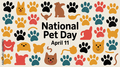 National pet day celebration with colorful animal icons and paw prints on white background
