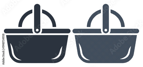 Two shopping baskets, one dark, one lighter, symbolizing commerce and choice