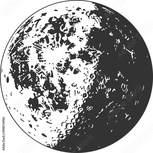 Detailed illustration of planet surface, showing craters and textures, celestial body graphic with atmospheric elements