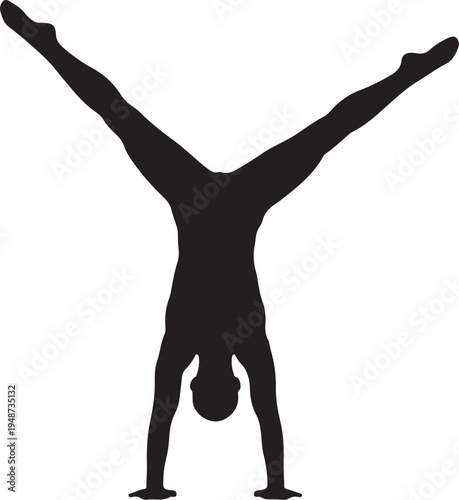 Silhouette of a Gymnast Performing a Straddle Handstand on White