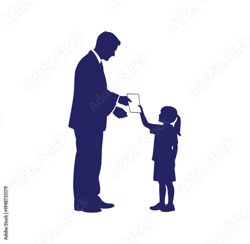 Man in suit giving paper to little girl in dress