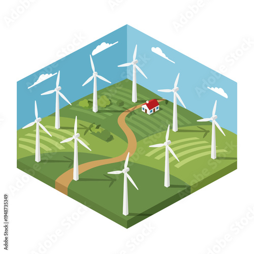 Isometric illustration of a wind farm with turbines, a house, and a road.
