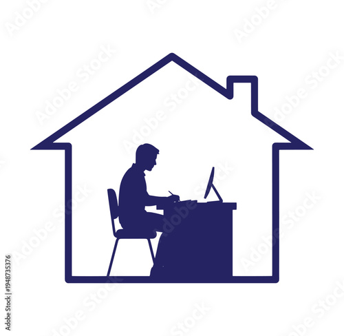 Man working on computer at home office desk in house outline