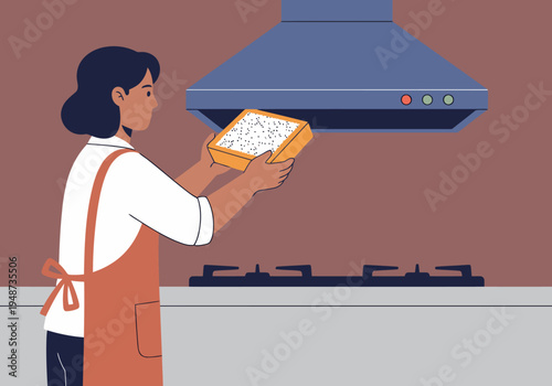 A woman cleans a range hood filter, demonstrating kitchen maintenance. Clean, bright, and focused on a simple task. Ideal for home & lifestyle visuals.