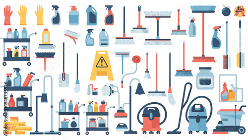 Extensive collection of cleaning supplies and janitorial icons includes brooms, mops, sprays, vacuum cleaners, and buckets.