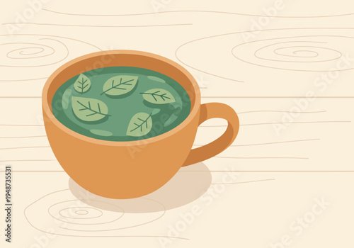 A cozy cup of green coffee with leaves floats on a wooden table. ?Caf? Wellness? branding adds a touch of modern simplicity. Perfect for health, lifestyle, or productivity visuals.