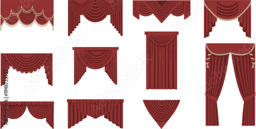 Red stage curtains collection, theatrical drapes set, luxury valance swag designs, gold trim tassel folds, interior decor backdrop, cad drawing flat vector illustration