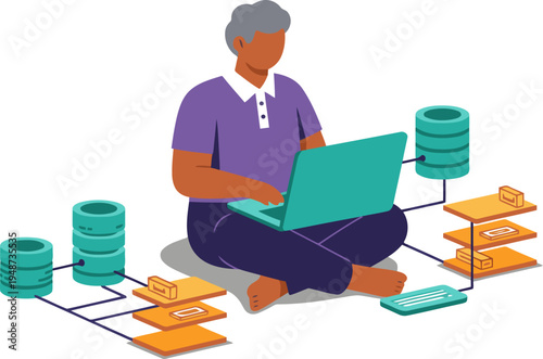 A data analyst works on a laptop, connected to multiple databases. Modern, clean illustration style. Ideal for business and technology concepts.