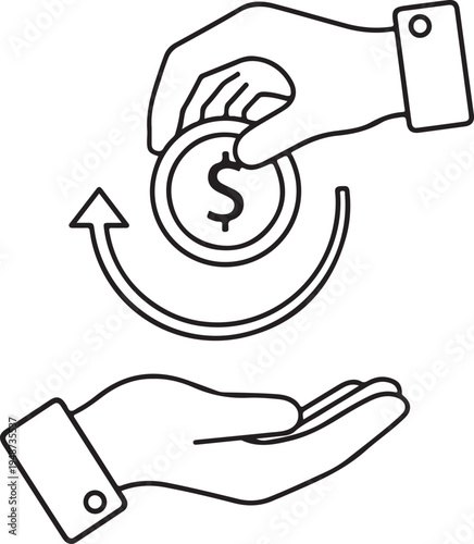 financial transaction of money transfer hand giving dollar coin to another hand with return arrow business concept