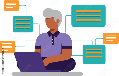 A data analyst works on a laptop, connected to data visualizations. Modern, professional, and focused. Clean design, bright colors, and a clear workflow.