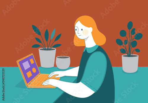 A creative designer works on a laptop in a stylish green cafe. She?s smiling, surrounded by plants, promoting a productive and modern workspace.