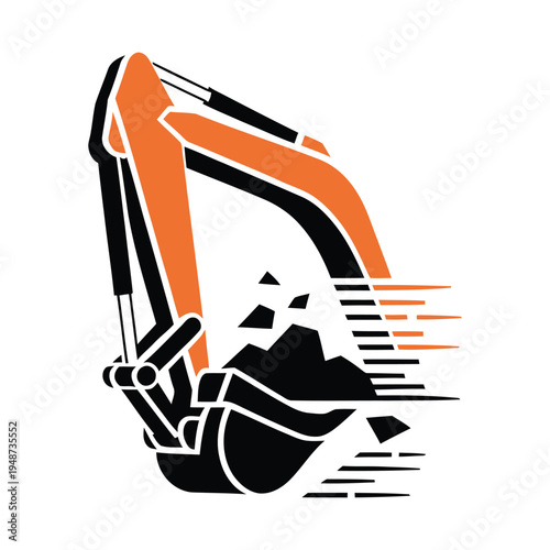 A minimalist orange and black vector logo design featuring a construction excavator arm in motion