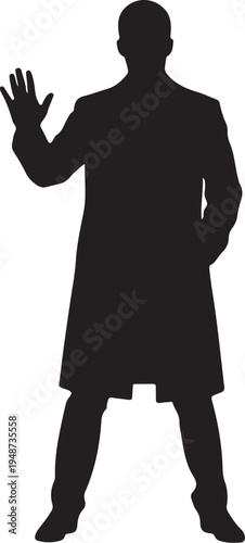 Silhouette of a Man in a Coat Waving Hand Greeting Isolated on White