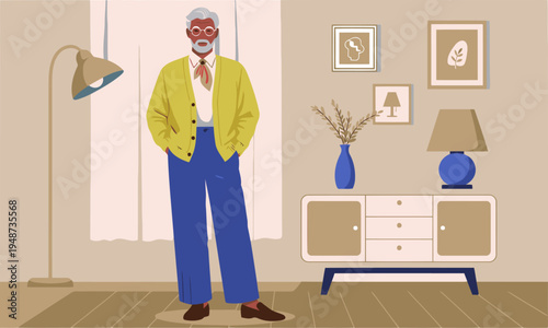 A distinguished senior man poses confidently in a stylish retro-modern room. Warm colors, vintage decor, and a relaxed atmosphere create a sophisticated visual.