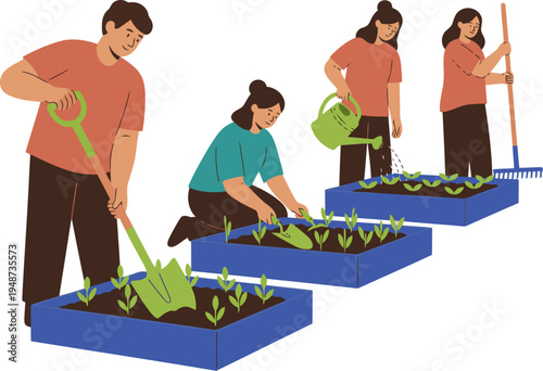 Diverse family members work together in a vibrant community garden, tending raised beds with tools. A cheerful scene of collaboration and nature.