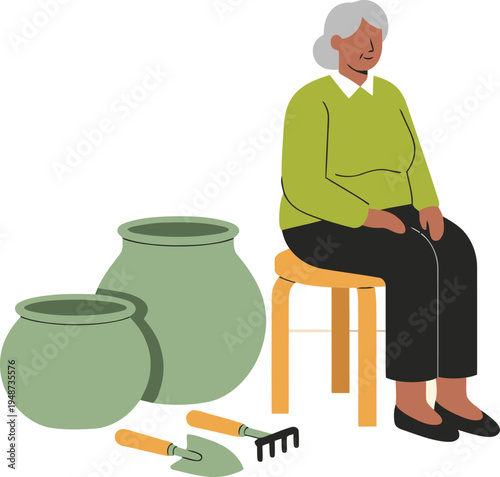 An elderly woman enjoys gardening from a comfortable stool, surrounded by pots and tools. A serene and supportive senior care image.