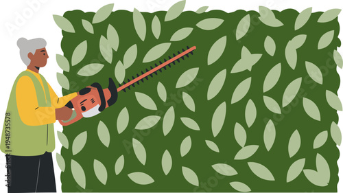 An elderly woman trims a hedge with a powerful electric trimmer. A lush green hedge forms the backdrop, showcasing garden care. Clean, modern illustration.