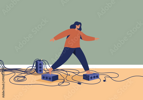 A woman dramatically falls due to tangled cables, highlighting a trip hazard. Office safety warning. Bold illustration style.