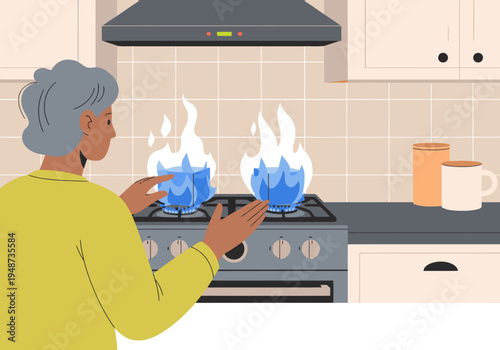 An elderly woman cautiously tests a gas stove burner, flames visible.  Warm kitchen setting, focused composition.  Illustrative style.