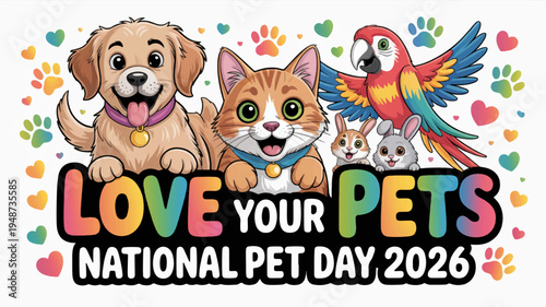 Colorful pets celebrate national pet day 2026 with dog cat parrot and kittens