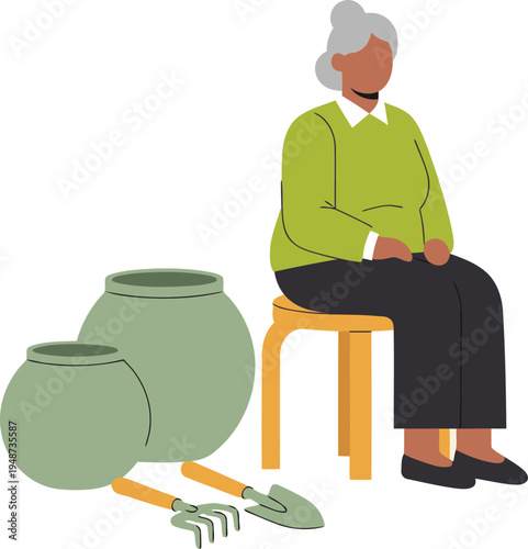 An elderly woman sits enjoying gardening, with tools and pots nearby. A serene senior care image with a warm, inviting feel.