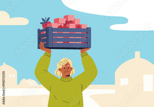 An elderly woman harvests berries, showcasing a bountiful harvest in a wooden crate. A vibrant, rural scene with a warm, inviting feel.