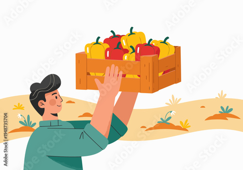 A farmer proudly carries a crate of fresh peppers. Vibrant colors and a rustic setting showcase farm-fresh produce. Ideal for food, agriculture, and lifestyle visuals.