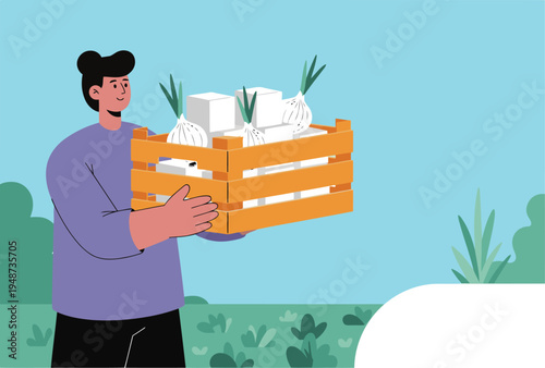 A farmer harvests onions, carrying a crate of produce. A vibrant illustration showcases fresh vegetables and a hardworking farmer. Ideal for food, agriculture, and lifestyle themes.
