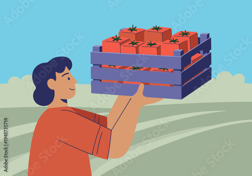 A farmer proudly carries a crate of fresh tomatoes in a rural setting. Vibrant colors and a cheerful expression highlight the harvest.