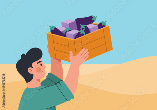 A farmer proudly carries a crate of vibrant purple eggplants. A cheerful scene showcasing fresh produce and rural life. Perfect for harvest, food, or agricultural themes.