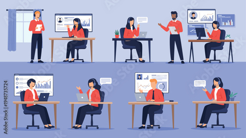 Group of professional call center agents and office employees work at their desks with computers and headsets in a team.