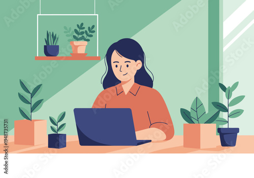 A smiling freelancer works on a laptop in a bright, green office space with potted plants. Modern, clean aesthetic. Ideal for remote work visuals.