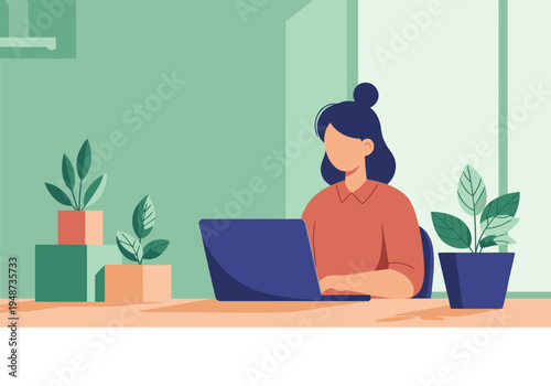 Freelancer works in a stylish green office cafe. A woman focuses on her laptop amidst plants, creating a productive and calming workspace. Modern, vibrant, and inviting.