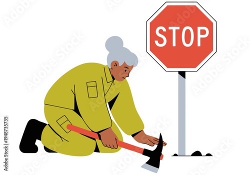 A firefighter meticulously repairs a 'Soldier Peace Stop Sign,' emphasizing safety and community. Clean lines, muted tones, and a focused composition.