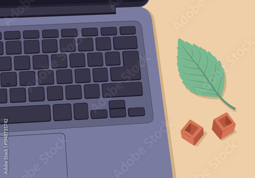 Freelancer works on a stylish laptop amidst a minimalist office setup, accented by a green leaf and brick props. Modern, professional aesthetic.