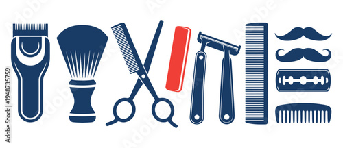 A collection of vintage barber shop tools and grooming accessories illustrated as flat icons