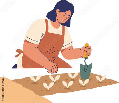 A woman gardens, planting a seedling with a trowel. A serene scene of planting and growth. Ideal for nature, gardening, and lifestyle themes.