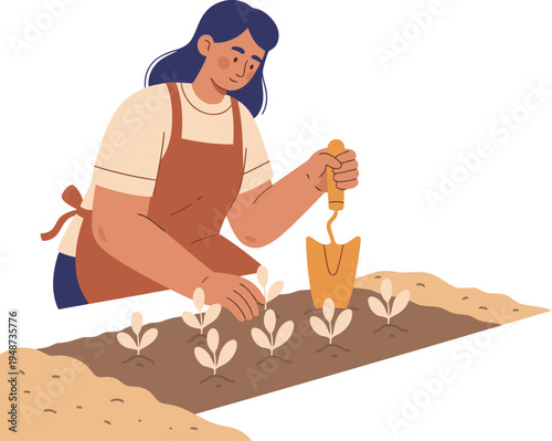 A woman gardens with a trowel, planting seedlings in a vibrant garden bed. A cheerful scene of nature and cultivation.