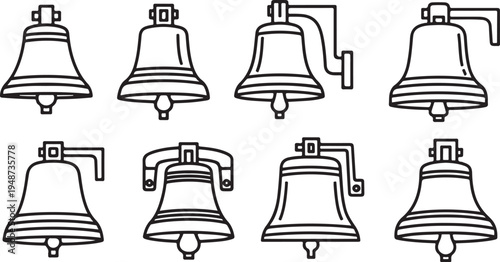 Eight different types of bells with various clapper mechanisms illustrated Vector